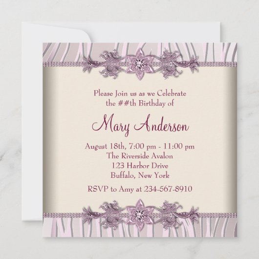 ピンクゼブラウーマンズバースデーパーティー 招待状 (裏面)