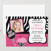 ピンクゼブラカップケーキガールズ誕生日招待状 招待状 (正面/裏面)