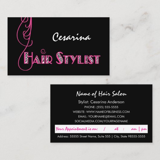 ピンクゼブラガーリー美容師アポイントメントアラーム 予約カード (正面/裏面)