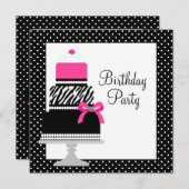 ピンクゼブラケーキカップケーキバースデーパーティ招待状 招待状 (正面/裏面)