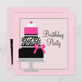 ピンクゼブラケーキカップケーキバースデーパーティ招待状 招待状 (正面/裏面)