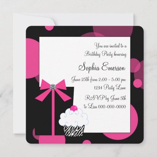 ピンクゼブラケーキカップケーキ誕生日パーティー 招待状 (裏面)