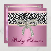 ピンクゼブラダイヤモンドボウベビーシャワー招待状 招待状 (正面/裏面)