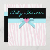 ピンクゼブラティール（緑がかった色）ハートベビーガールシャワー 招待状 (正面/裏面)
