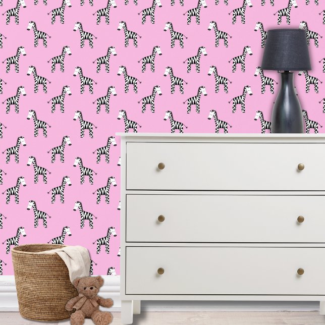 ピンクゼブラパターン 壁紙 (Zebra pink wallpaper for girls bedroom, nursery or playroom.)