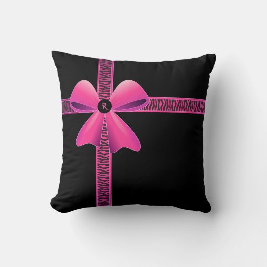 ピンクゼブラピンクリボンモノグラム クッション (正面)