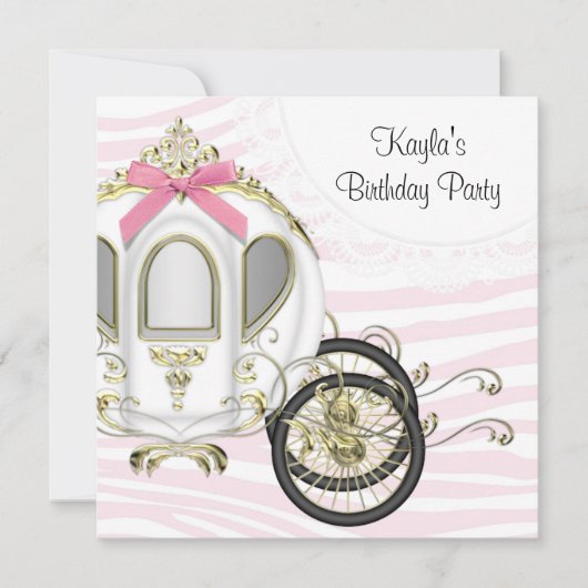 ピンクゼブラプリンセスバースデーパーティ招待状 招待状 (正面)