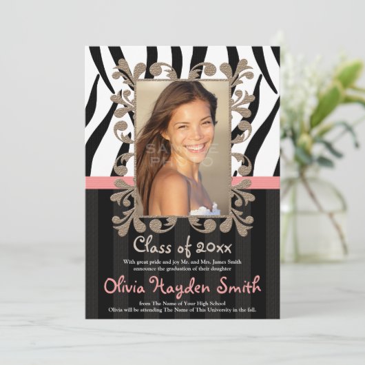 ピンクゼブラ卒業写真アナウンス招待状 招待状 (スタンド正面)