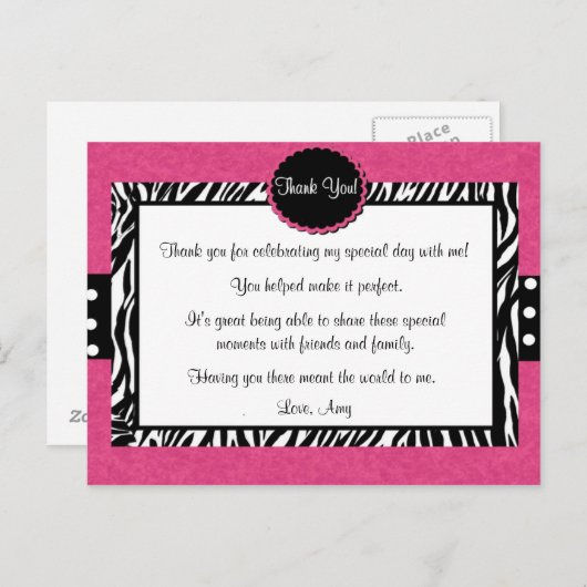 ピンクゼブラ印刷ありがとうはがき ポストカード (正面/裏面)