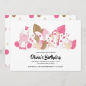 ピンクゼブラ最初の誕生日パーティーの招待状 招待状 (正面/裏面)