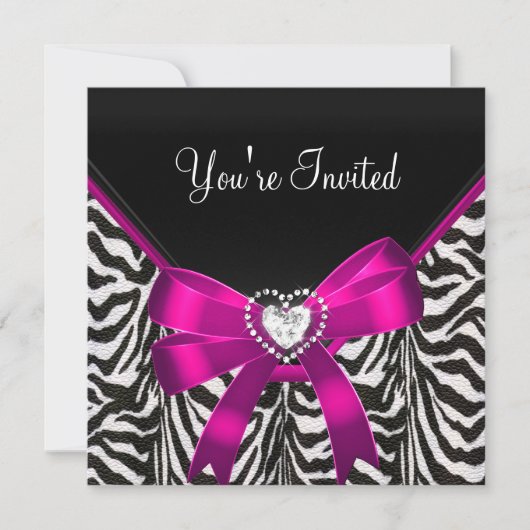 ピンクゼブラ白黒誕生日パーティー 招待状 (正面)