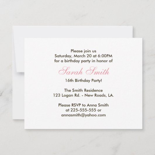 ピンクゼブラ誕生日 招待状 (裏面)