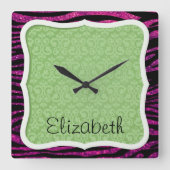 ピンクゼブラ,グリッターゼブラ,ゼブラ印刷,あなたの名前 スクエア壁時計 (正面)