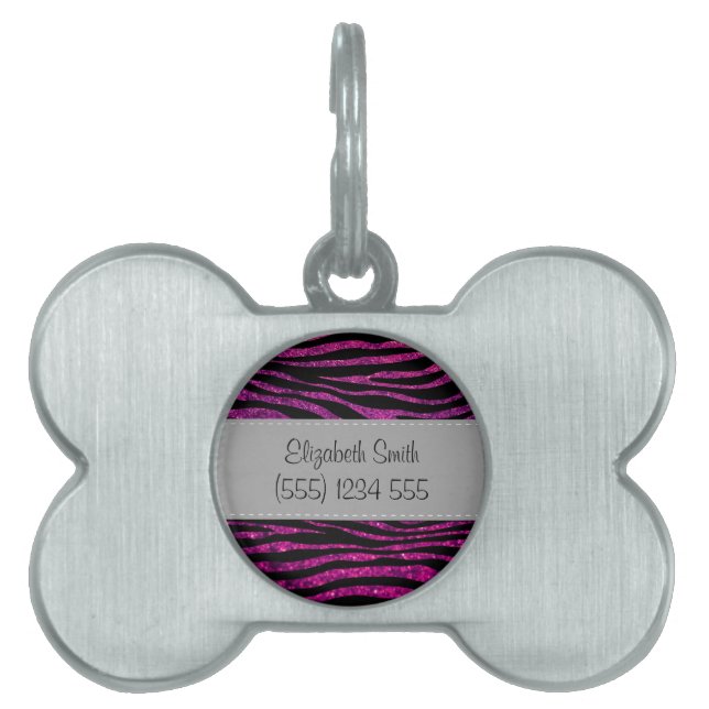 ピンクゼブラ，グリッターゼブラ，ゼブラ印刷，あなたの名前 ペットネームタグ (正面)