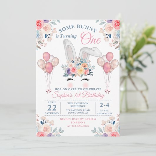 ピンクソバニーフローラバルーンガールファースト誕生日 招待状 (スタンド正面)