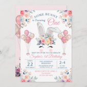ピンクソバニーフローラバルーンガールファースト誕生日 招待状 (正面/裏面)