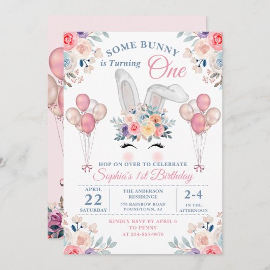 ピンクソバニーフローラバルーンガールファースト誕生日 招待状 (正面/裏面)