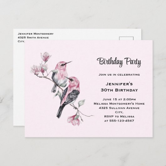 ピンクソンバーズオンザツリーブランチ誕生日 インビテーションポストカード (正面/裏面)