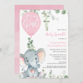 ピンクゾウの風船に女の子ベビーを振りかける 招待状 (正面/裏面)
