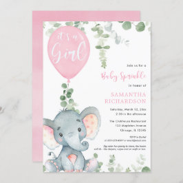 ピンクゾウの風船に女の子ベビーを振りかける 招待状