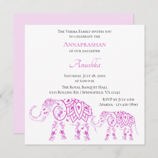 ピンクゾウアンナプラシャン|ファーストライス 招待状 (正面/裏面)
