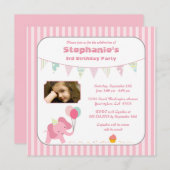ピンクゾウストライプの誕生日パーティーの招待 招待状 (正面/裏面)