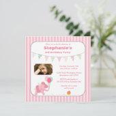 ピンクゾウストライプの誕生日パーティーの招待 招待状 (スタンド正面)