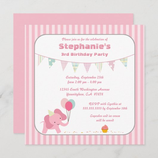 ピンクゾウストライプの誕生日パーティーの招待 招待状 (正面/裏面)