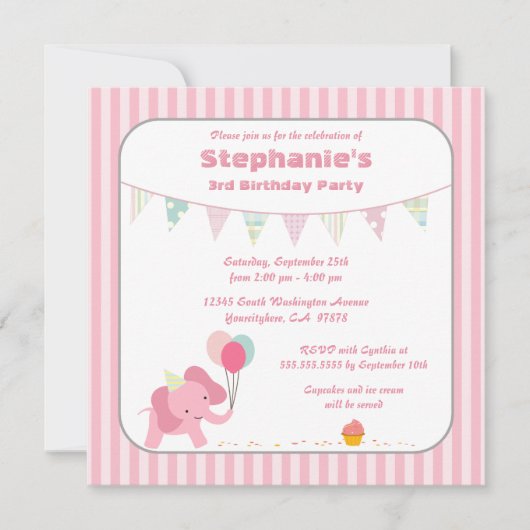ピンクゾウストライプの誕生日パーティーの招待 招待状 (正面)