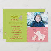 ピンクゾウ写真誕生日パーティー 招待状 (正面/裏面)