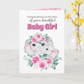ピンクゾウ誕生の女の子おめでとう  カード (黄色い花)