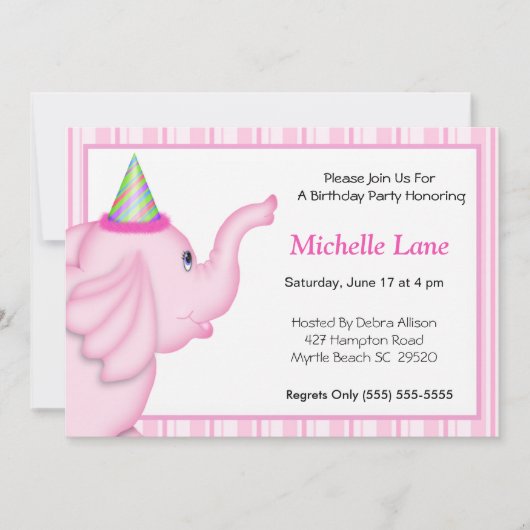 ピンクゾウ誕生日招待状for Girls 招待状 (正面)