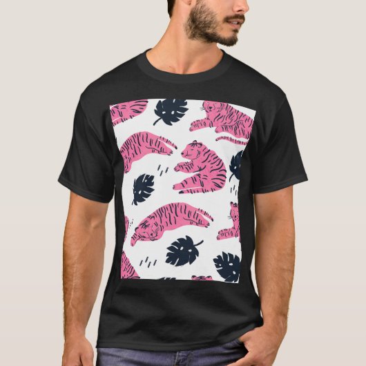 ピンクタイガー熱帯:ヴィンテージ手描き。 Tシャツ (正面)