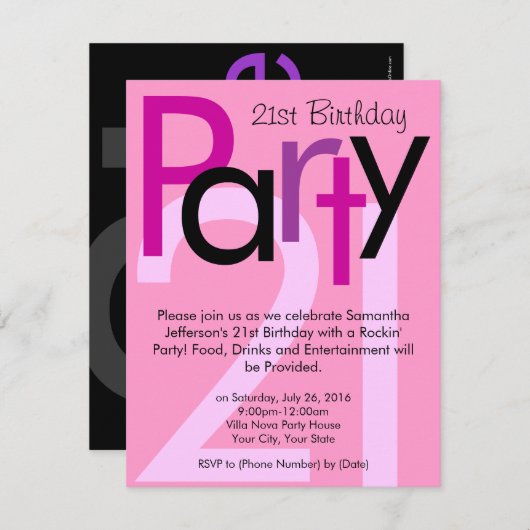 ピンクタイプフェイス21歳の誕生日パーティの招待状 招待状 (正面/裏面)