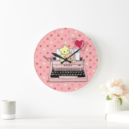 ピンクタイプライターの猫時計 ラージ壁時計 (ホーム)