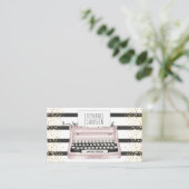 ピンクタイプライターストライプ金ゴールドグリッターライターエディター 名刺 (スタンド正面)