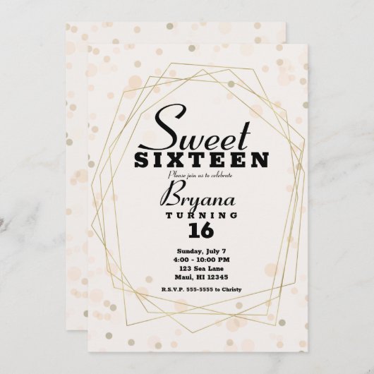ピンクタイペドット&金ゴールドジオメトリックモダンスウィート16 招待状 (正面/裏面)