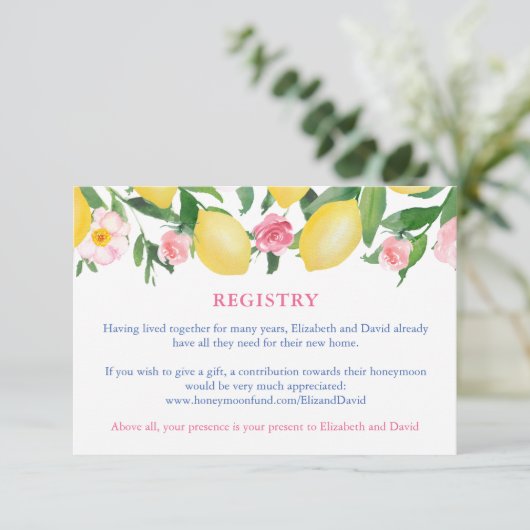 ピンクタイルイタリアンレモン赤ちゃん女の子シャワーレジストリ エンクロージャーカード (スタンド正面)