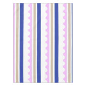 ピンクタウペホワイトブルーストライプスキャロプ模様プリント テーブルクロス (正面)