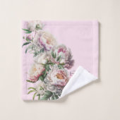 ピンクタオルの上のピンクと白のヴィンテージ牡丹 バスタオルセット (ウォッシュタオル)