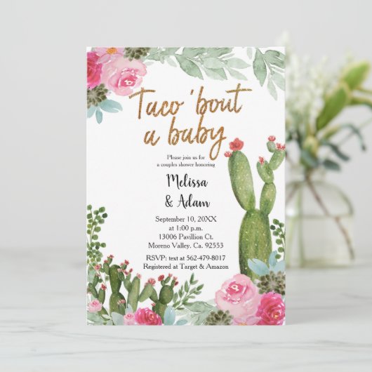 ピンクタコでベビーサボテンの赤ちゃんシャワー 招待状 (スタンド正面)