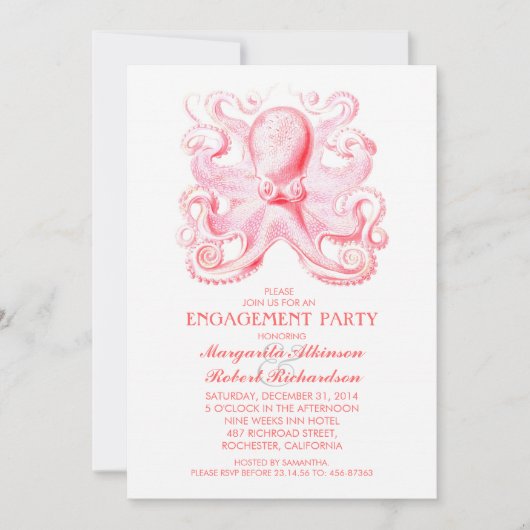 ピンクタコの航海のビーチ婚約パーティ 招待状 (正面)
