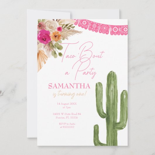 ピンクタコサボスファースト誕生日招待状 招待状 (正面)