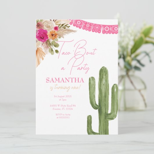 ピンクタコサボスファースト誕生日招待状 招待状 (スタンド正面)