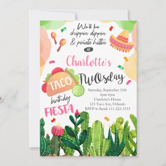 ピンクタコトゥーズデイガールズ誕生日フィエスタ招待状 招待状 (正面)