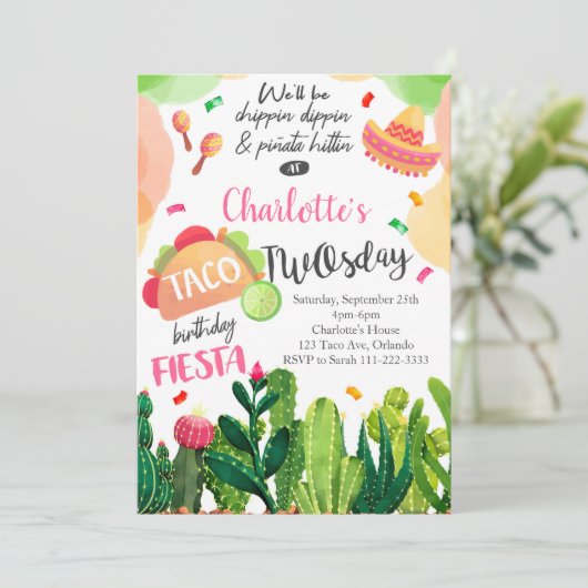 ピンクタコトゥーズデイガールズ誕生日フィエスタ招待状 招待状 (スタンド正面)