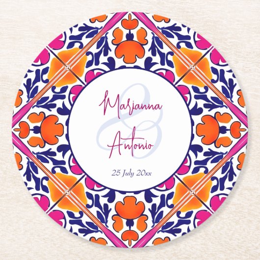 ピンクタラベラヴィンテージメキシコ結婚式の引き出物 ラウンドペーパーコースター (正面)