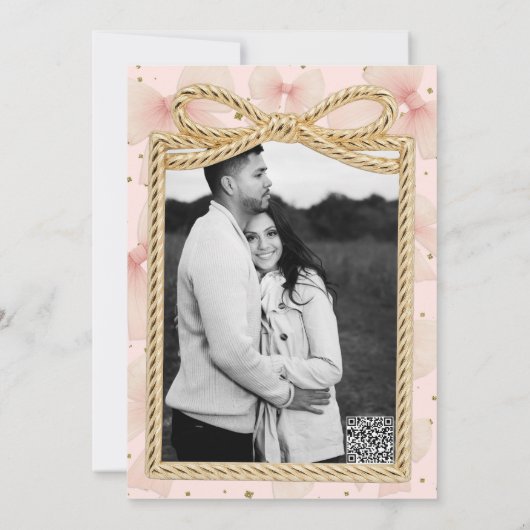 ピンクタレかわいらしボウ金ゴールド紙吹雪ブライダルシャワー 招待状 (裏面)