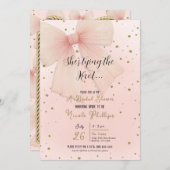 ピンクタレかわいらしボウ金ゴールド紙吹雪ブライダルシャワー 招待状 (正面/裏面)