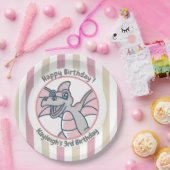 ピンクタンストライプ誕生日とピンクドラゴンディノ ペーパープレート (パーティー)